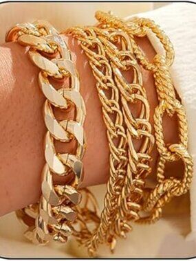 NEW Chunky GOLD Stackable Bracelet Layered Paperclip Cuban Link Chain Set of 4